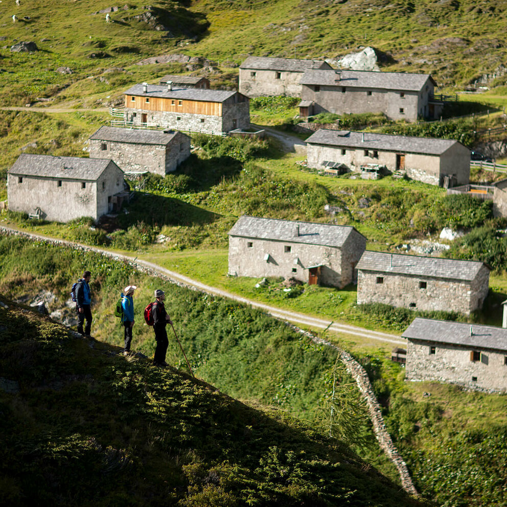 Jagdhausalmen Drei Wanderer blicken auf die Steingebäude der Jagdhausalmen im Nationalpark Hohe Tauern.
