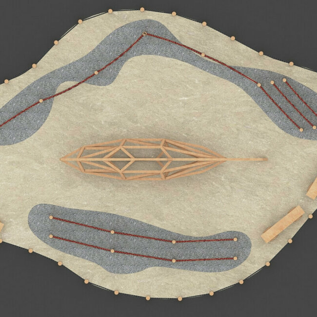 Salmo die Bachforelle - Ochsenlacke Eine Skizze aus der Ansicht von oben von "Salmo der Bachforelle", einem Spielgerät von dem Wassermythos Ochsenlacke.