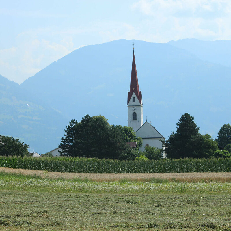 Tristach Die Tristacher Kirche mit einem blühenden Feld davor und Bergkulisse dahinter.