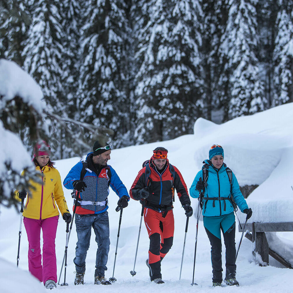 Winterwandern Kartitsch Zwei Pärchen wandern bunt gekleidet in verschneiter Winterlandschaft mit Stöcken ausgerüstet und Rucksack auf einem Winterwanderweg.