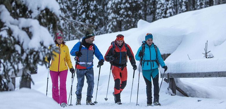 Winterwandern Kartitsch Zwei Pärchen wandern bunt gekleidet in verschneiter Winterlandschaft mit Stöcken ausgerüstet und Rucksack auf einem Winterwanderweg.