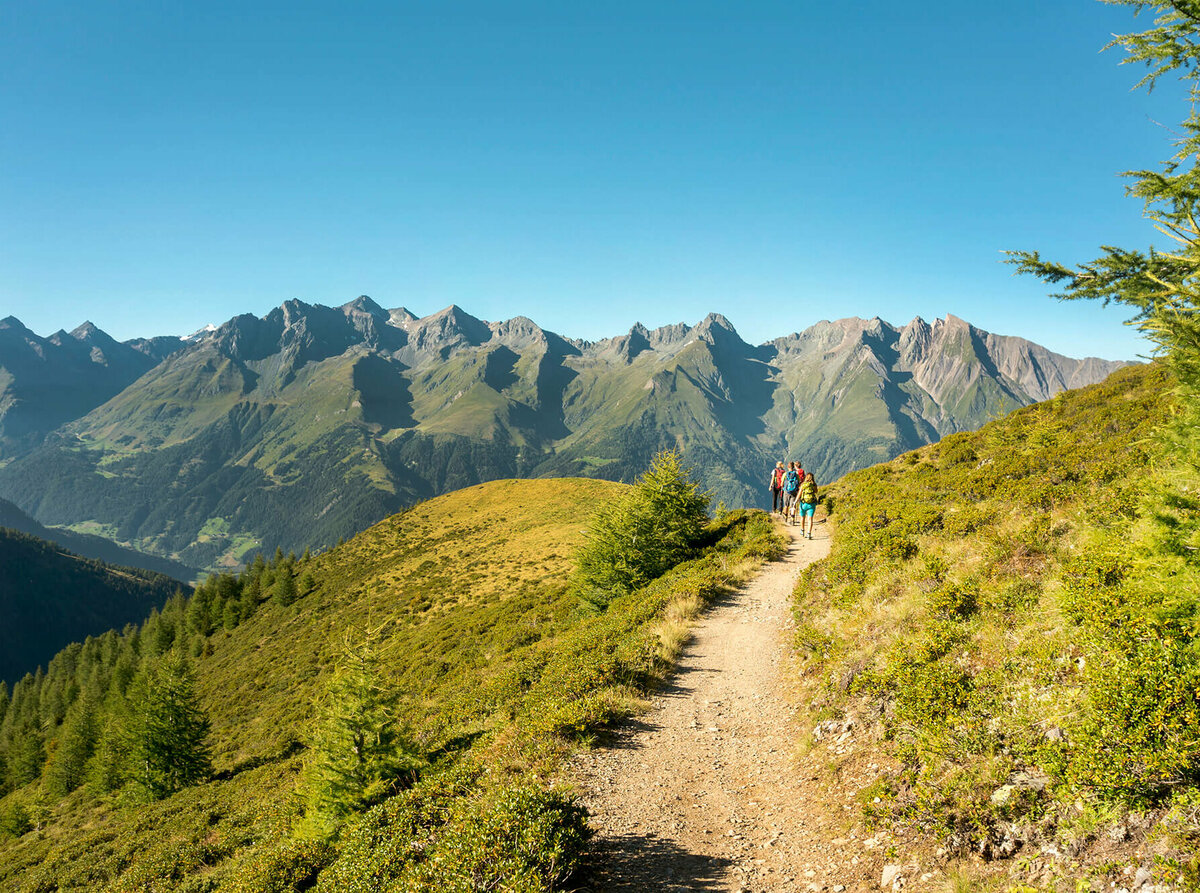Ausblick Virgental Wandergruppe auf einem schmalen Weg mit Ausblick auf eine Bergkette im Virgental.