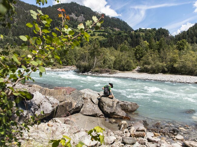 Iseltrail verläuft direkt an der Isel vorbei mit Wäldern am Ufer. Ein Mann mit grünem Shirt und Rucksack sitzt auf einem Felsen direkt am Wasser.