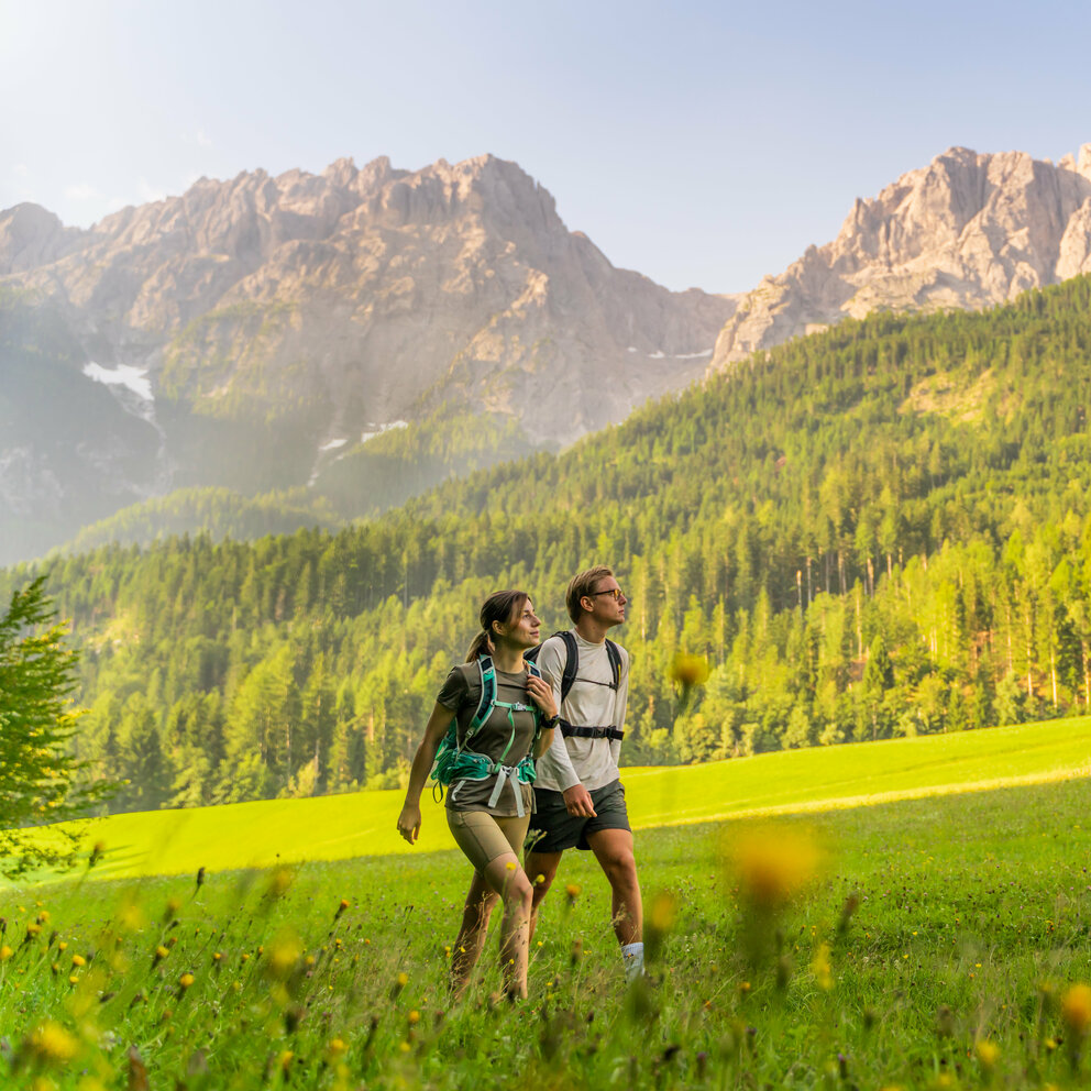 Pilgerweg Hoch & Heilig in Lavant Ein Pärchen spaziert auf einer Wiese auf dem Pilgerweg Hoch & Heilig in Lavant.
