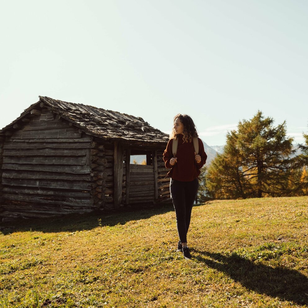 Zedlacher Paradies im Herbst Wanderin bei einer Hütte im Zedlacher Paradies im Herbst.