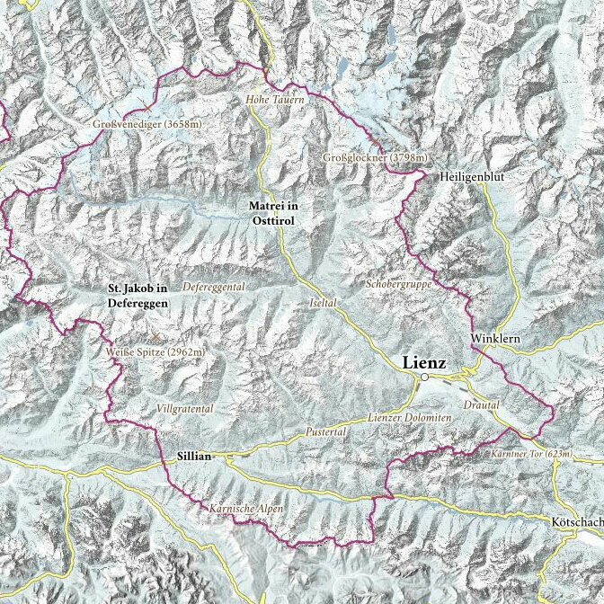 Interaktive Karte Eine Übersichtskarte von Osttirol, welche die verschiedenen Regionen und wichtigsten Orte benennt.