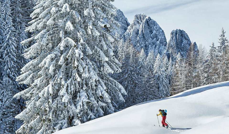 Skitour Lienzerdolomiten Ein Skitourengeher steigt durch tief verschneites Gelände in den Lienzer Dolomiten bei Traumbedingungen.
