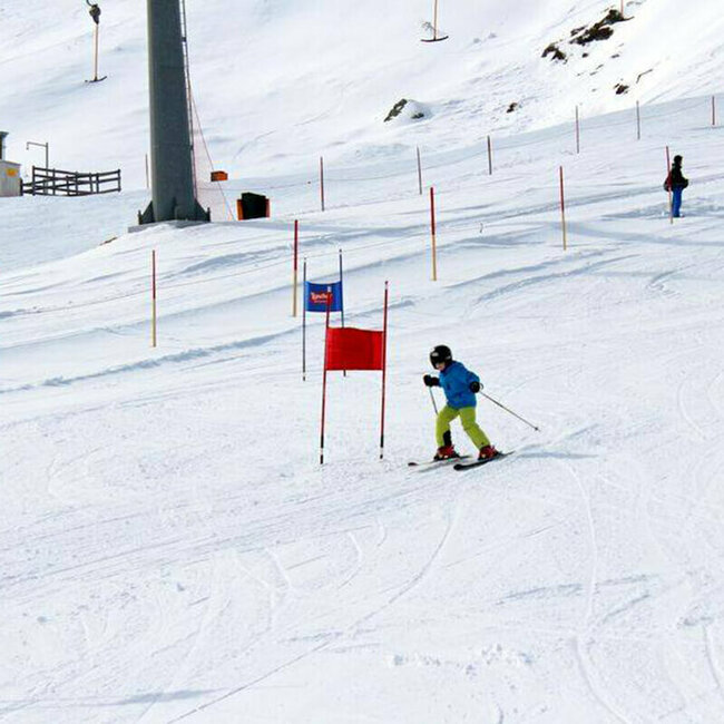 Skischule White Element Kind fährt auf den Skier durch rote und blaue Tore.