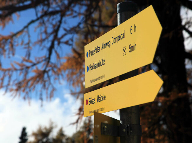 Pustertaler Almweg Hochstein Gelber Wegweiser an einem Baum "Pustertaler Almweg" in Richtung Hochstein