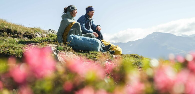 Böses Weibele Sonnenaufgangstour Ein Paar macht eine Pause auf einer Wiese mit Almrosen auf dem Weg zum Bösen Weibele zu einer Sonnenaufgangstour.