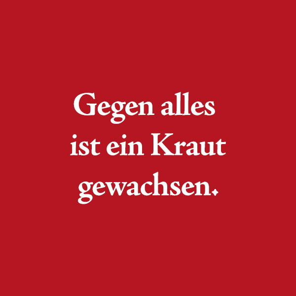 Roter Hintergrund mit dem weißen Schriftzug "Gegen alles ist ein Kraut gewachsen"