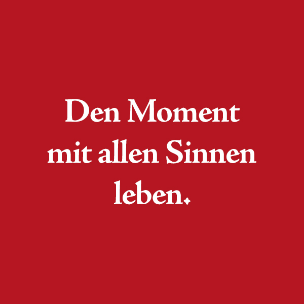 Roter Hintergrund mit dem weißen Schriftzug "Den Moment mit allen Sinnen leben"